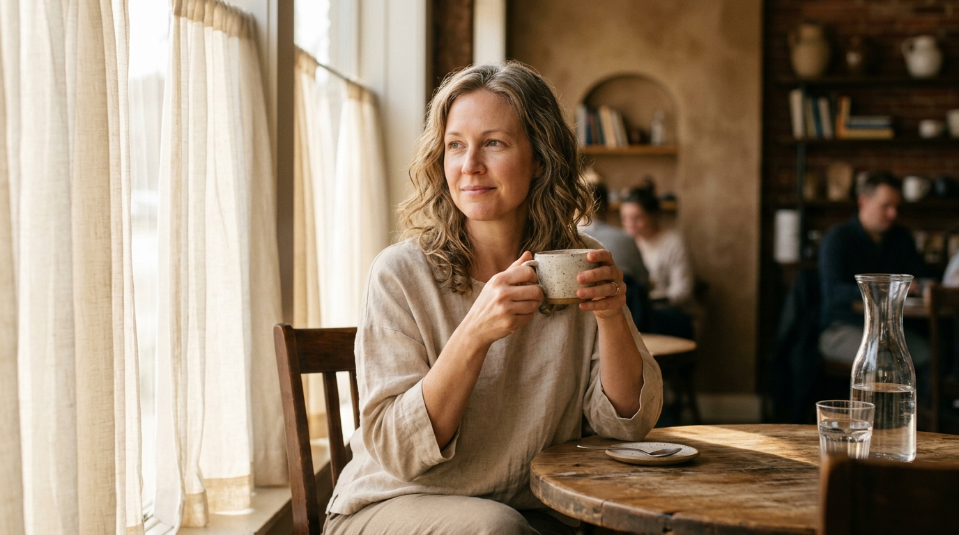 Woman in her 40s relaxing in café morning light, radiant healthy skin, post-PRP facial rejuvenation lifestyle