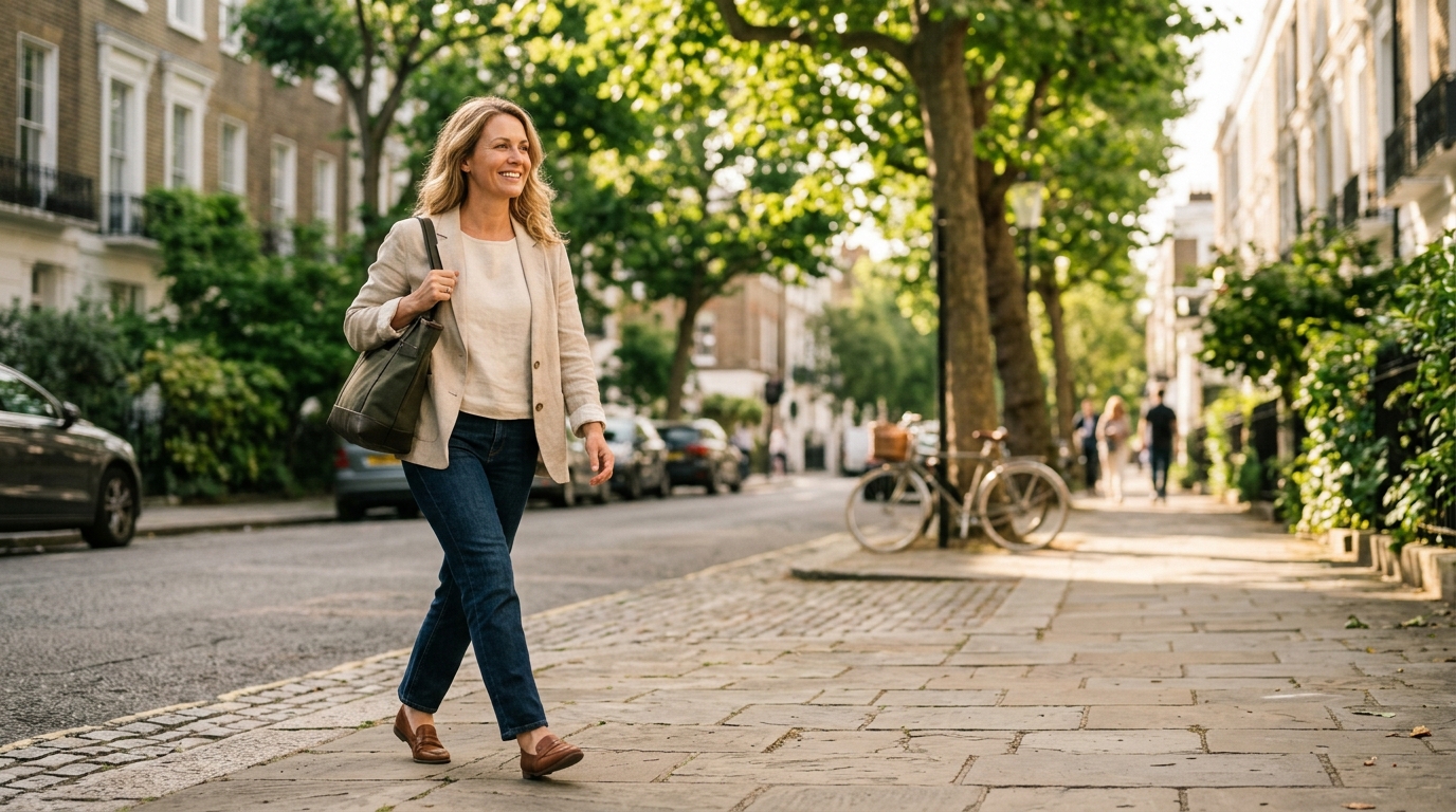 Woman in her 40s walking confidently outdoors, embodying natural skin vitality and regenerative aesthetics.