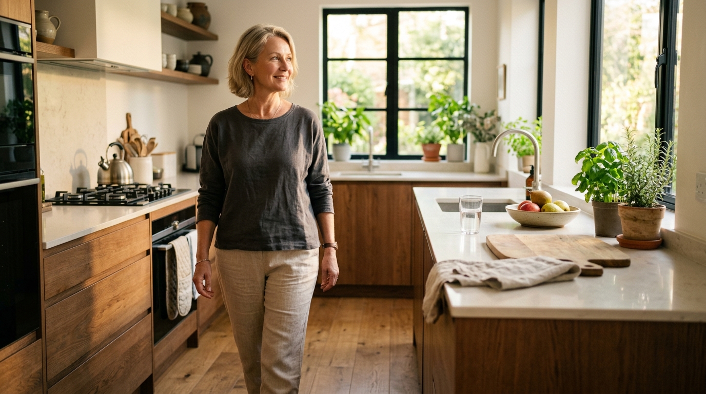 Energized woman in her 50s walking through a sunlit kitchen, reflecting a biohacking wellness lifestyle