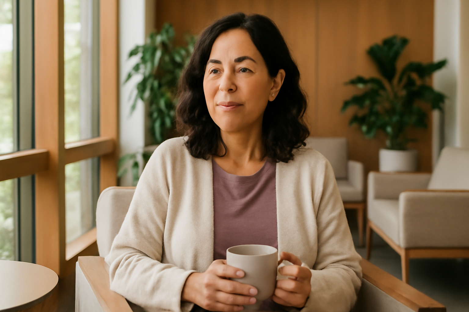 Hispanic woman in her 40s seated confidently in a modern wellness space, reflecting renewed energy and hormonal balance